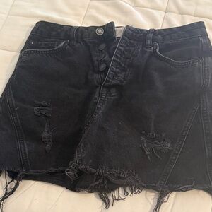 Free People Black Distressed Button-Front Denim Skirt